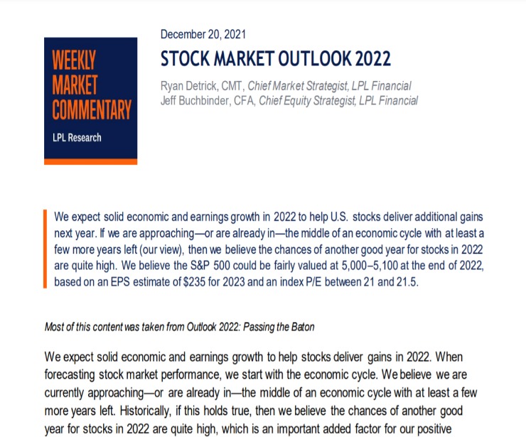 Market Outlook for 2022 | Weekly Market Commentary | December 20, 2021